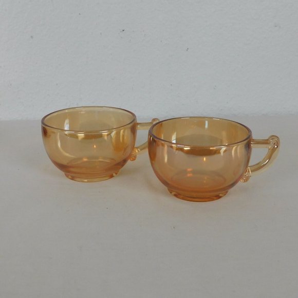 Set of 2 Jeanette Glass Moderne Marigold Iridescent Cup & Saucer Set Punch Cup - Picture 4 of 10